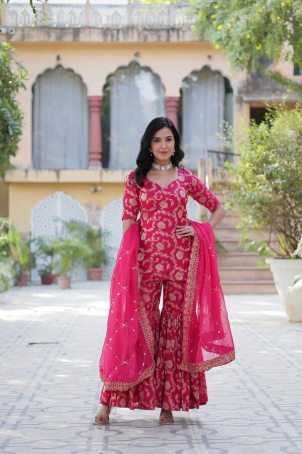 Ready made Viscose Georgette Jacquard Kurti, Sharara with Lace Border Work Dupatta.