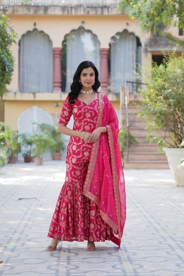 Ready made Viscose Georgette Jacquard Kurti, Sharara with Lace Border Work Dupatta. - Image 6