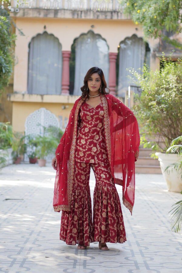 Ready made Viscose Georgette Jacquard Kurti, Sharara with Lace Border Work Dupatta. - Image 5