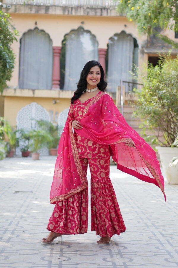 Ready made Viscose Georgette Jacquard Kurti, Sharara with Lace Border Work Dupatta. - Image 7