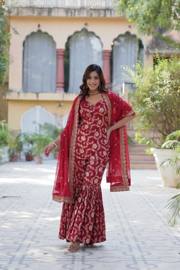 Ready made Viscose Georgette Jacquard Kurti, Sharara with Lace Border Work Dupatta. - Image 4