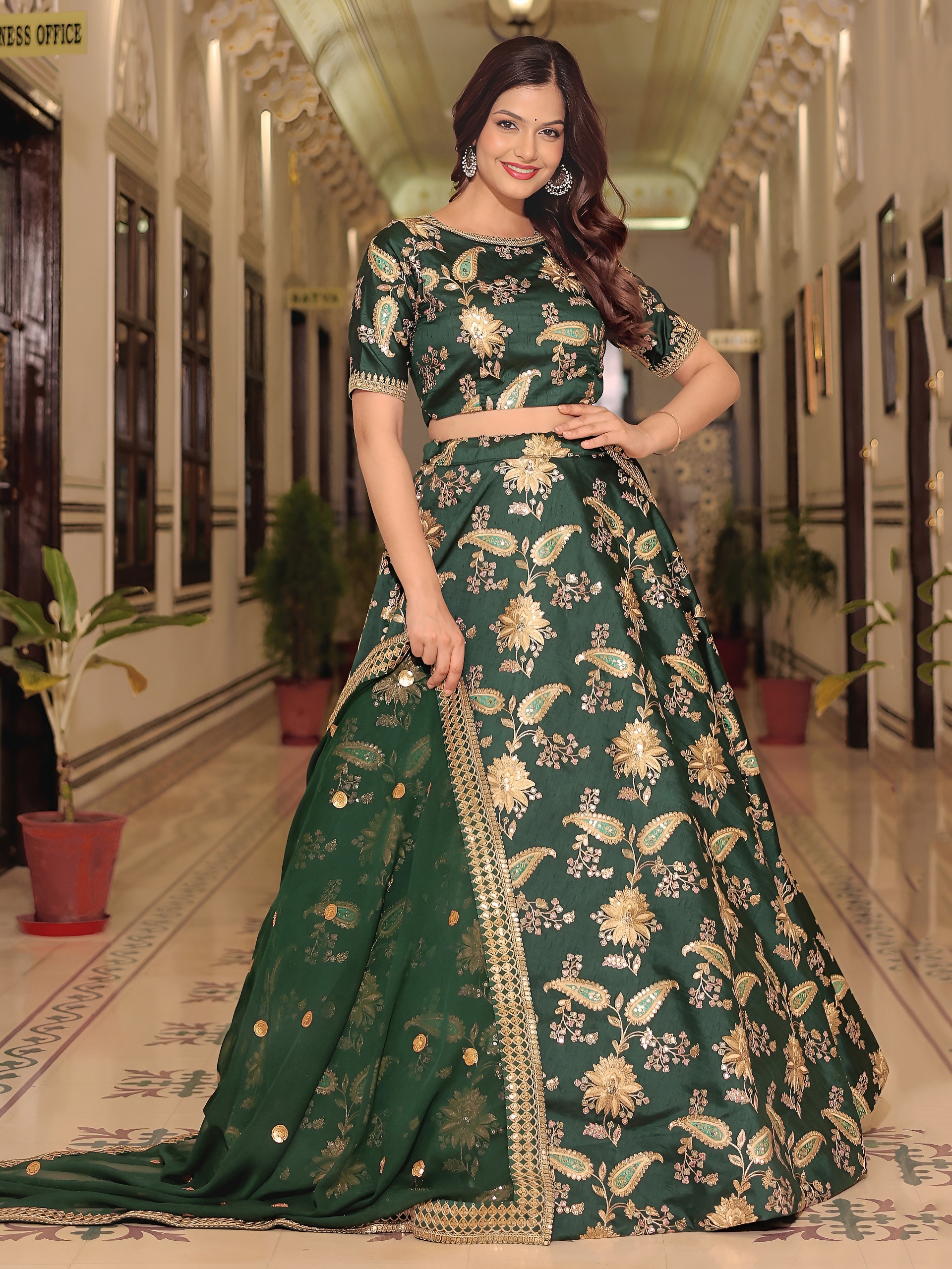 Dark Green Heritage Lehenga Set