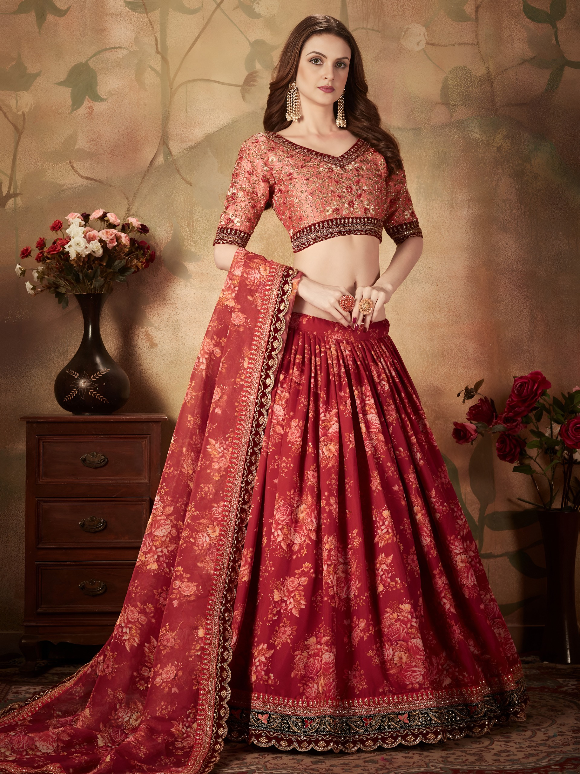 Red Floral Lehenga Choli - Image 4