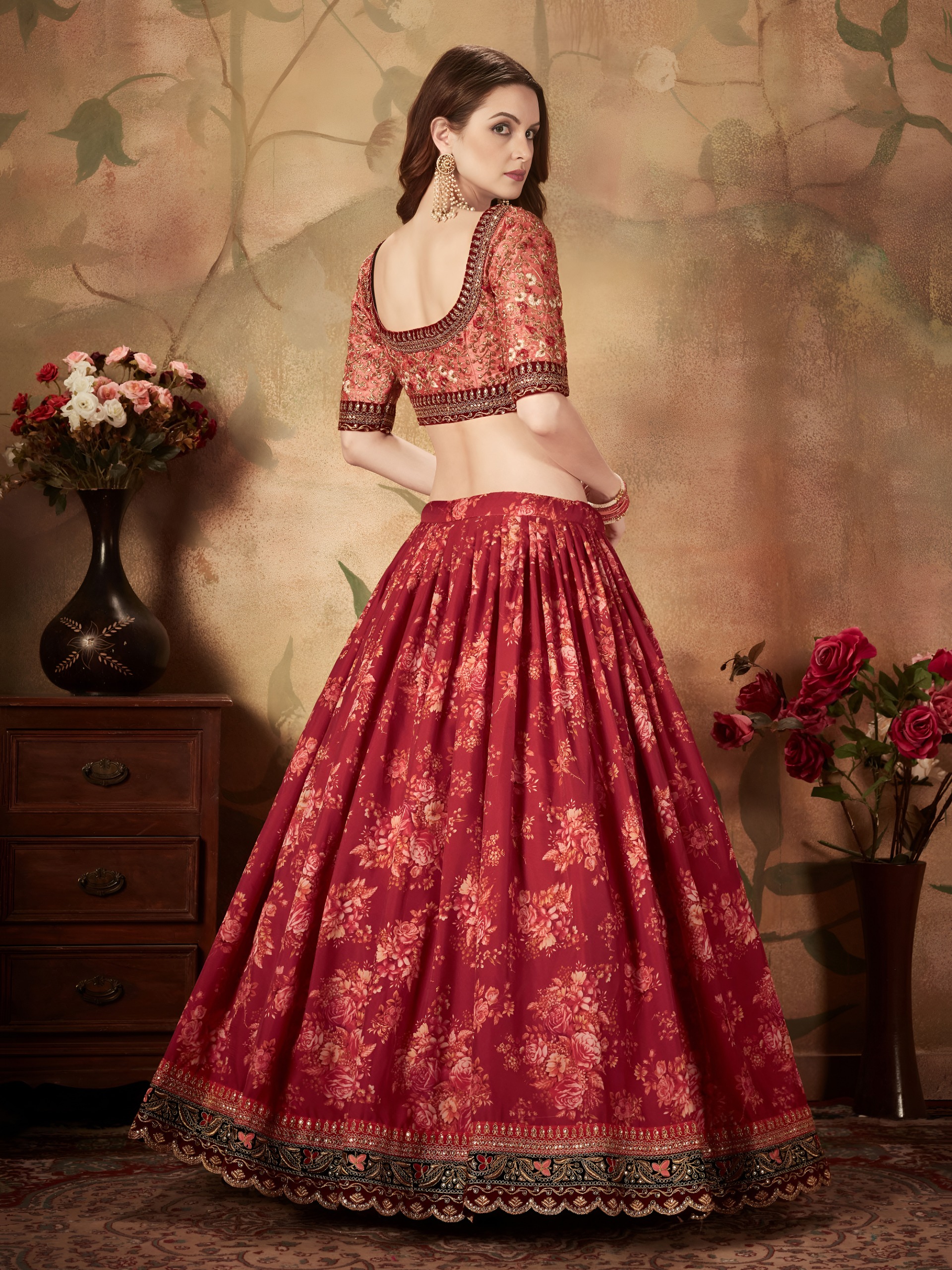 Red Floral Lehenga Choli - Image 3