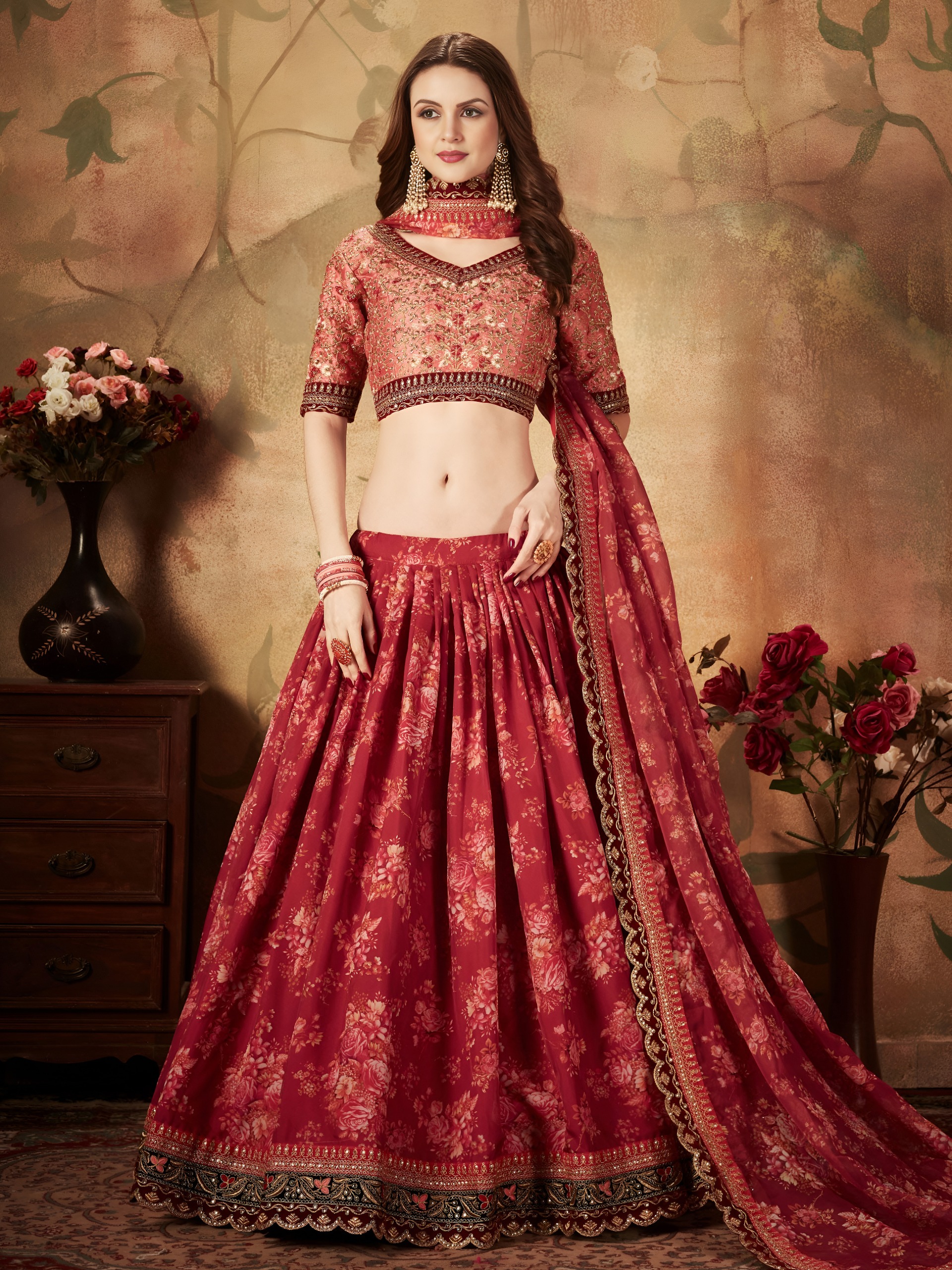 Red Floral Lehenga Choli - Image 2