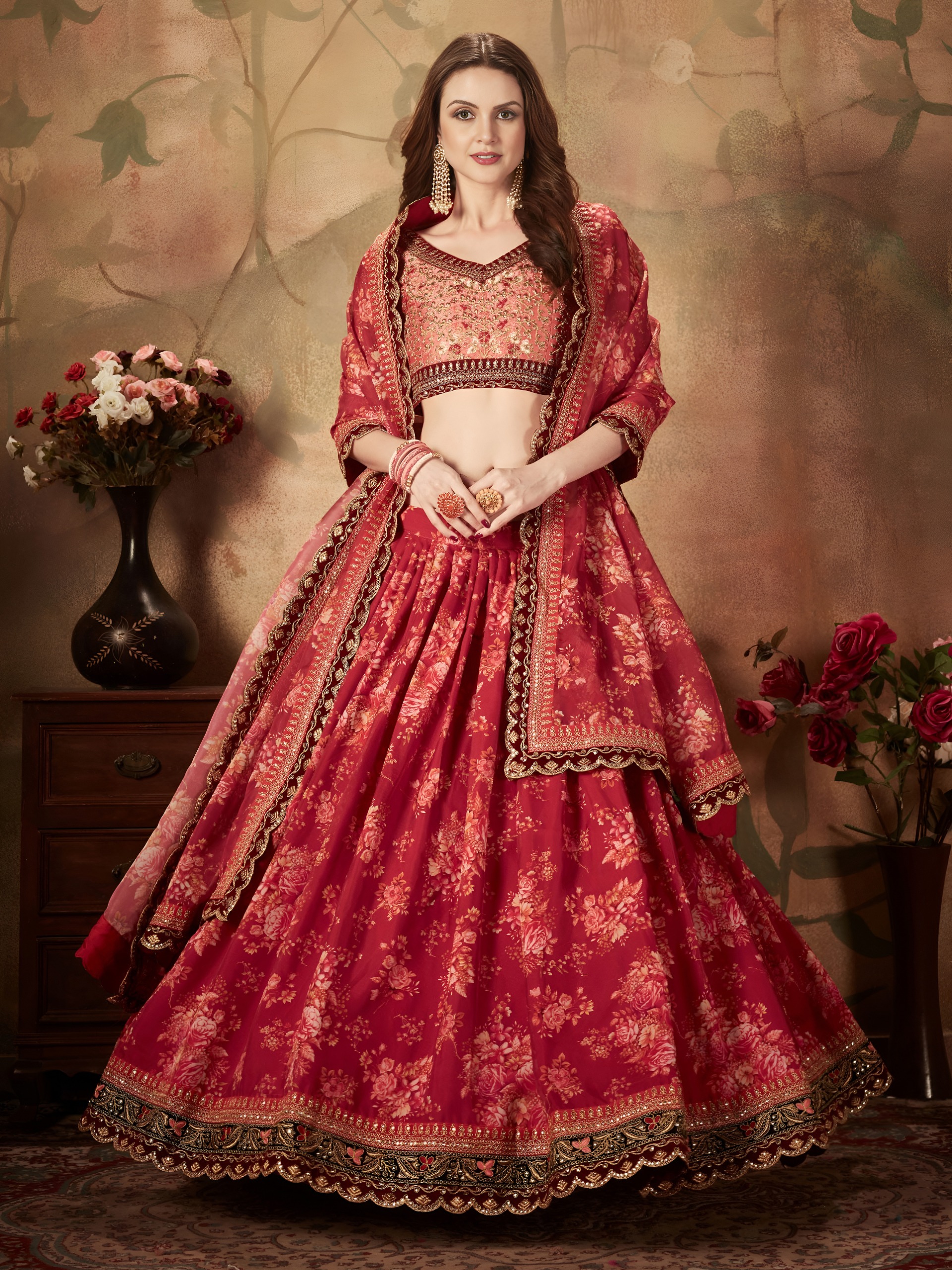 Red Floral Lehenga Choli - Image 5