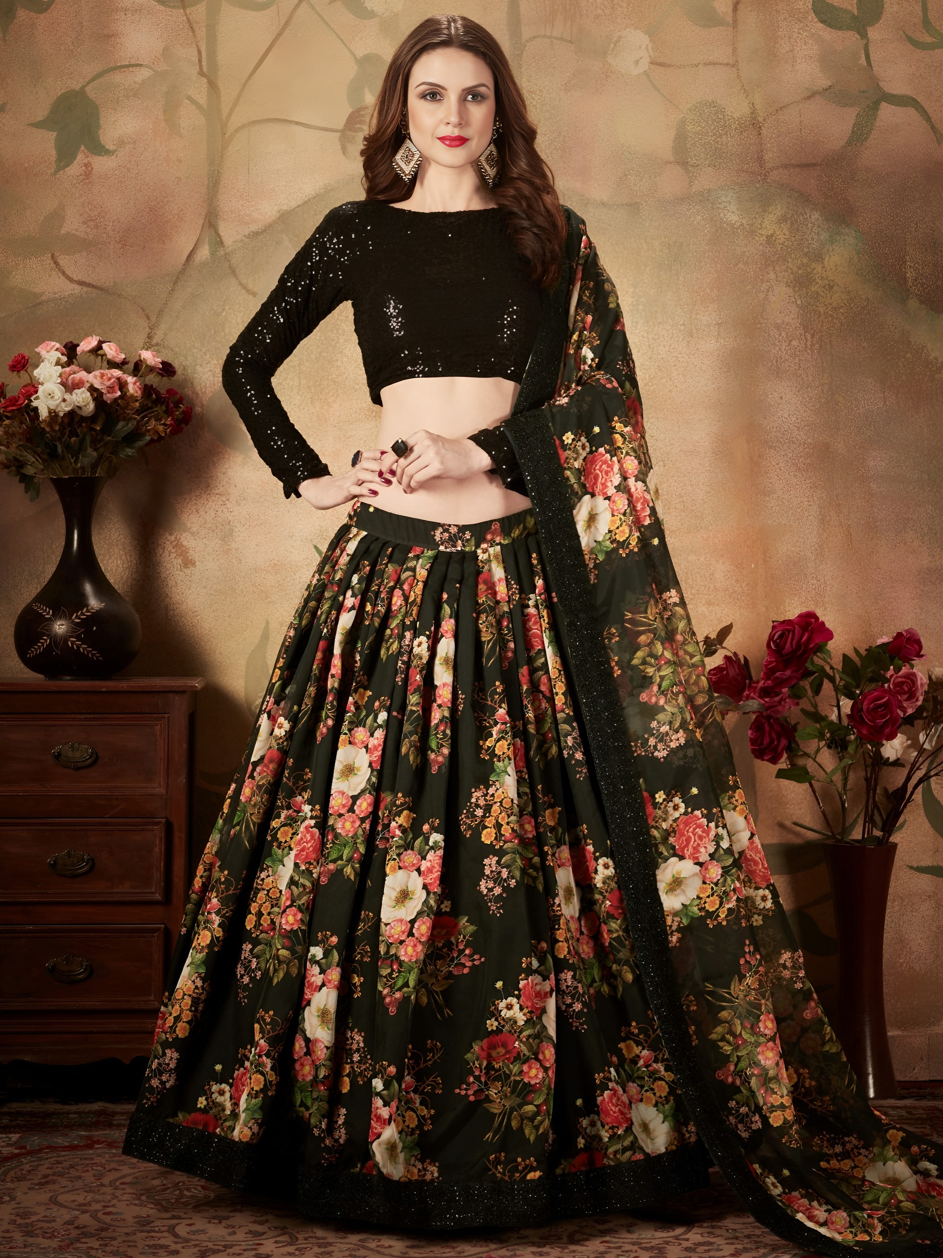 Black Floral Lehenga Choli with Sequin Blouse - Image 5
