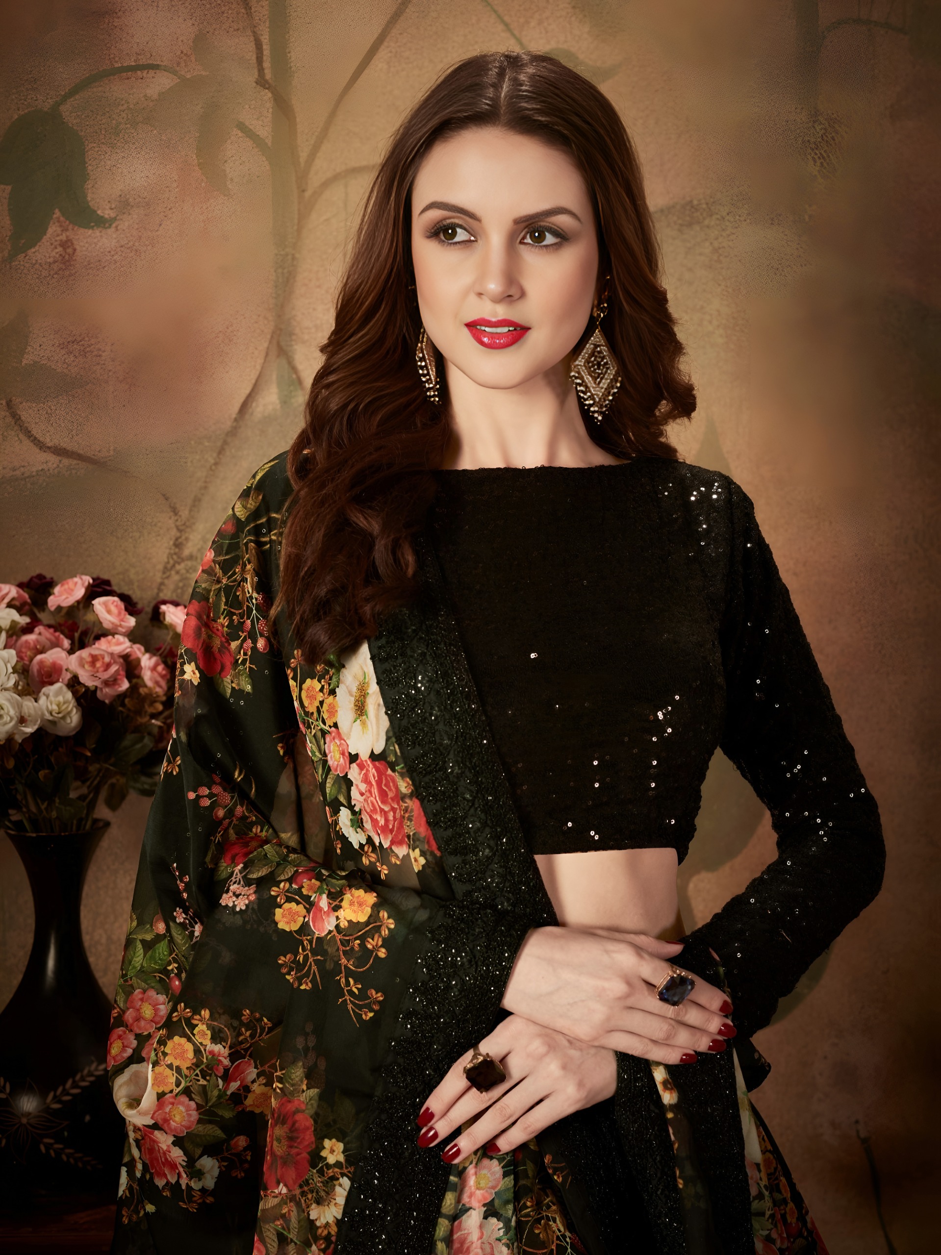 Black Floral Lehenga Choli with Sequin Blouse