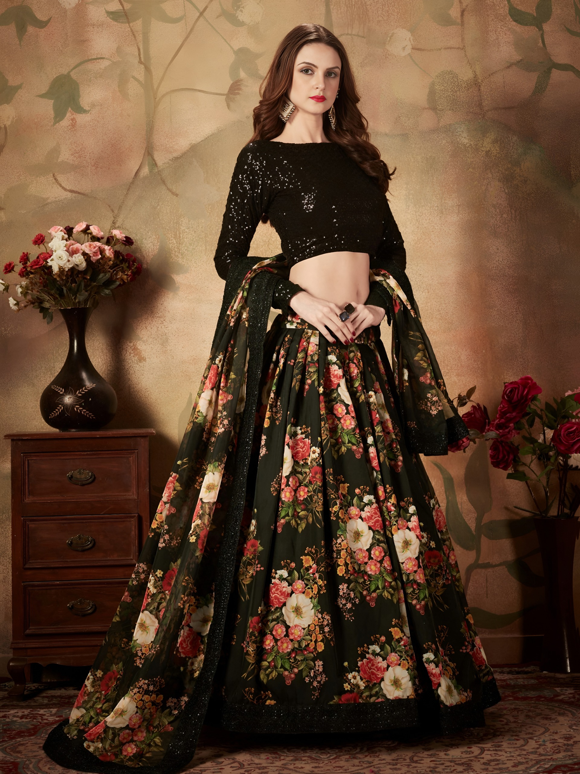 Black Floral Lehenga Choli with Sequin Blouse - Image 4