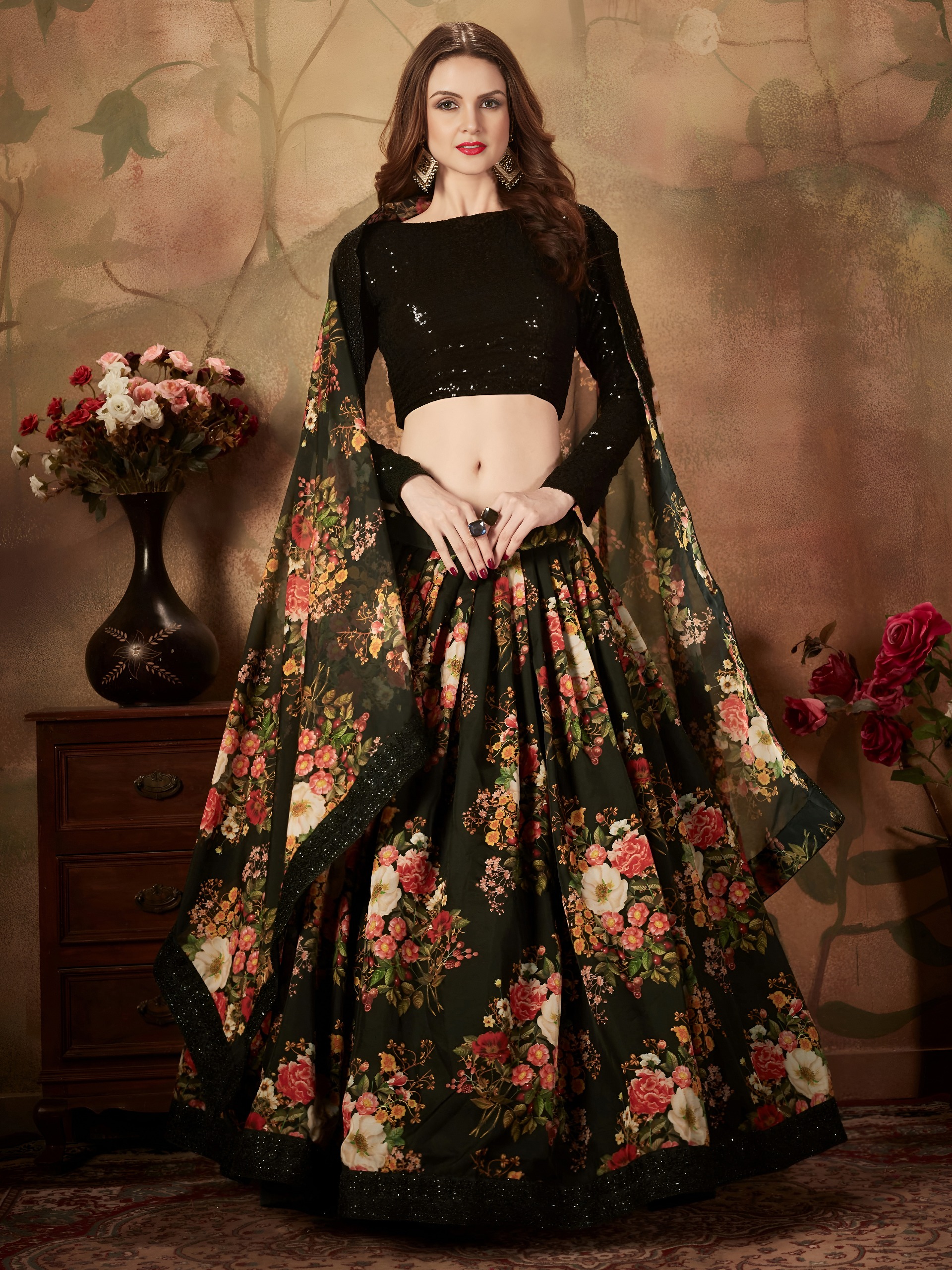 Black Floral Lehenga Choli with Sequin Blouse - Image 2